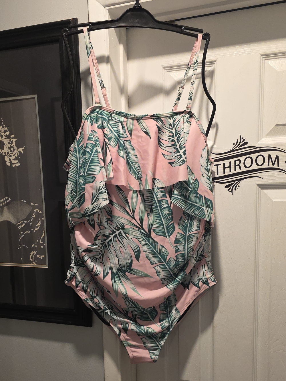 Pink Tropical Leaf One-Piece Swimsuit with Ruffle